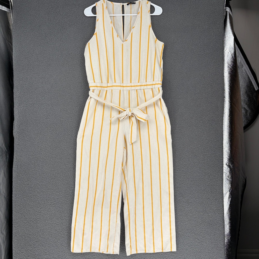 Drew Womens Yellow White Striped Sleeveless Tie Waist Wide Leg Jumpsuit Size S